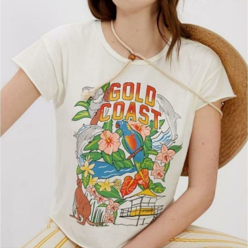 NWOT Anthropologie X Midnight Rider Gold Coast Cut Off Graphic Tee Size Small